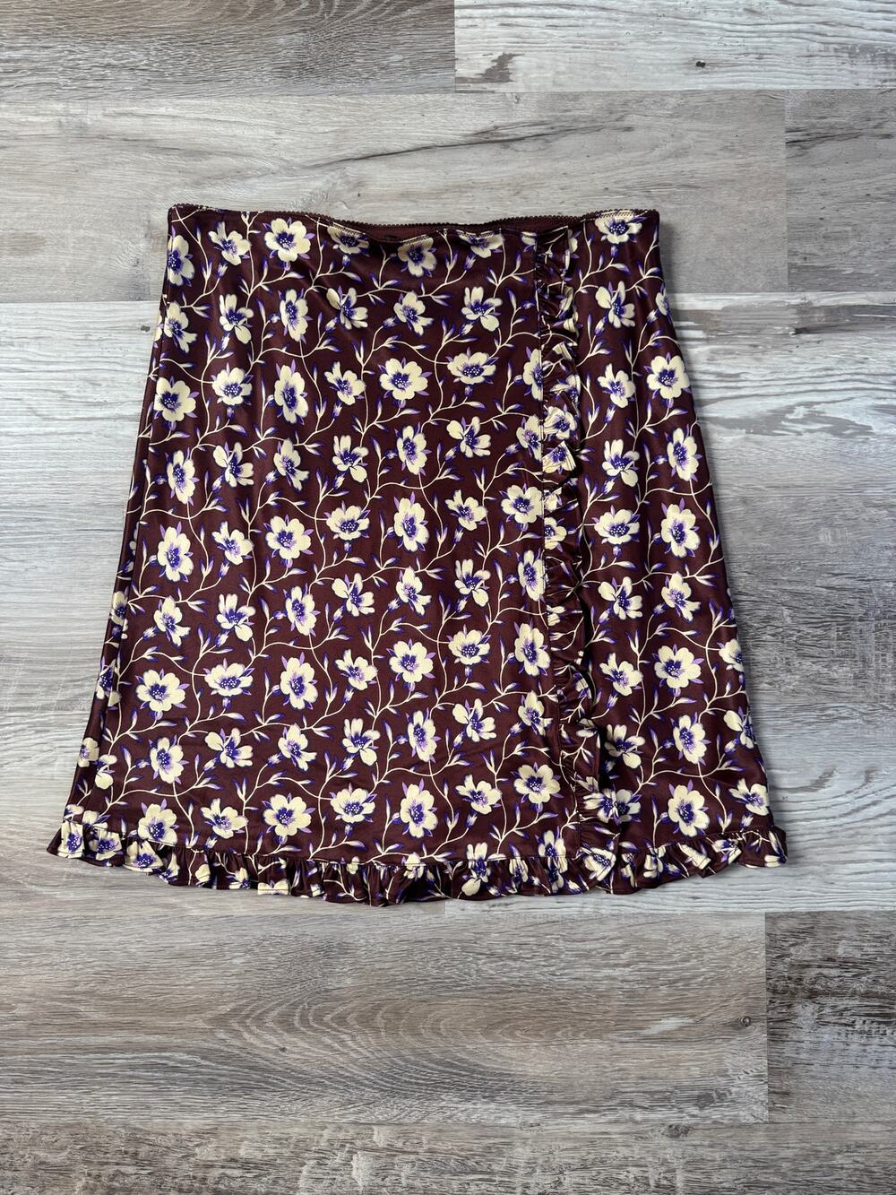 NWT J.Crew Floral Viscose Charmeuse Slip Skirt Side Ruffle Knee Length Brown XS